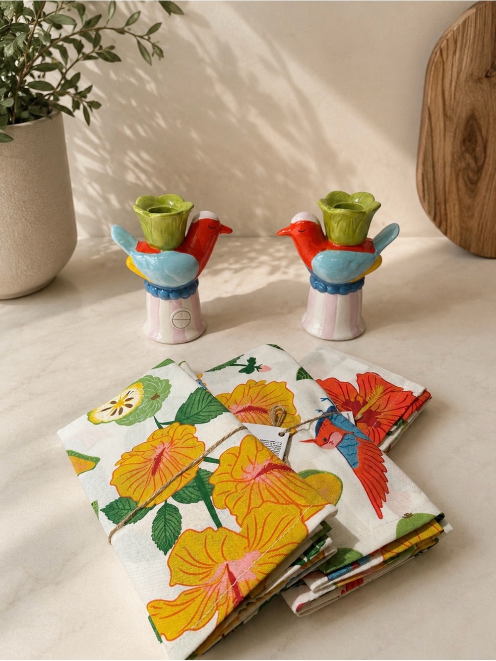 Hand-Painted Ceramic Bird Candle Holders + 6 Floral Cloth Napkins – Matching Set
